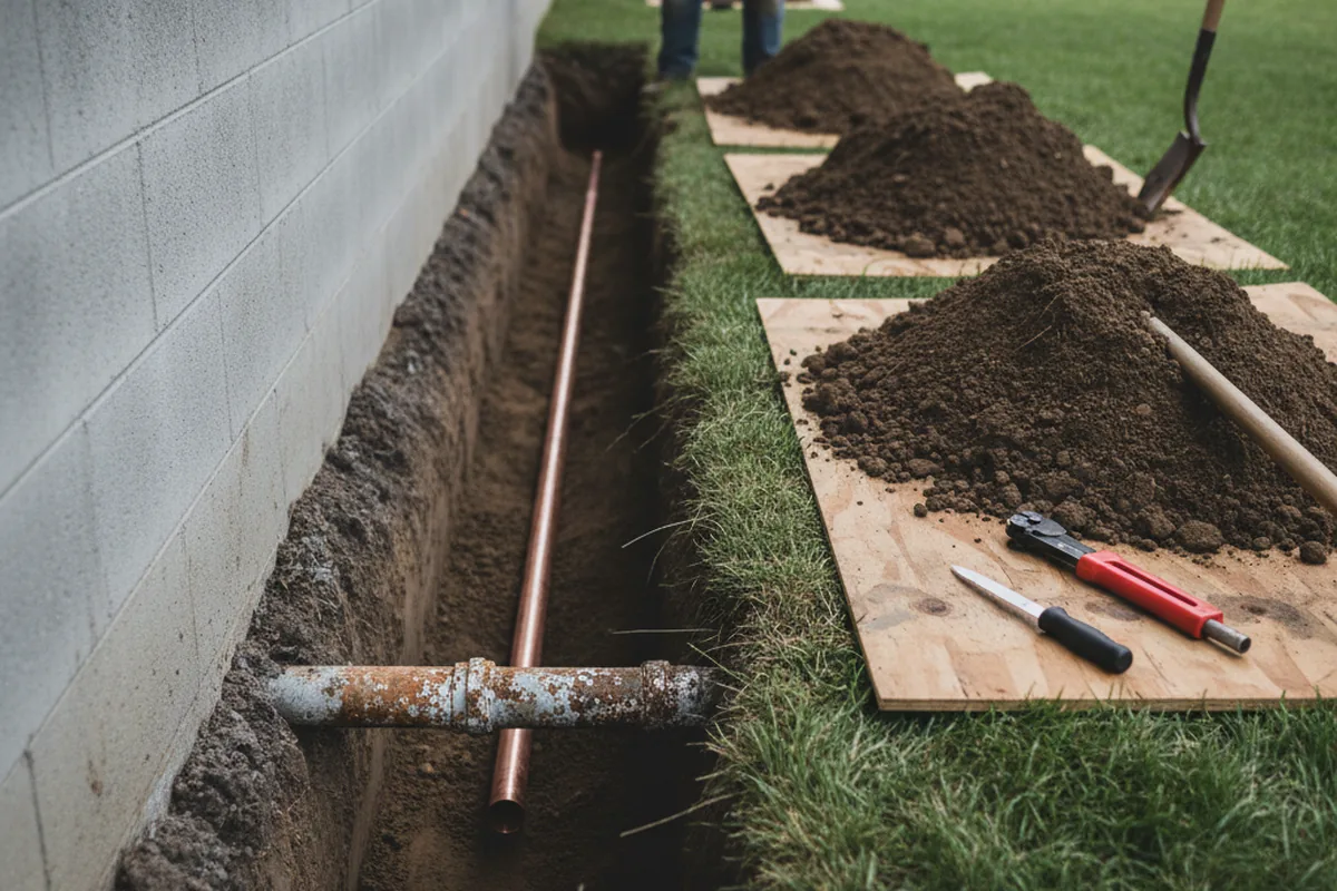 Excavated water line trench during Sewer Line Repair in Glasco